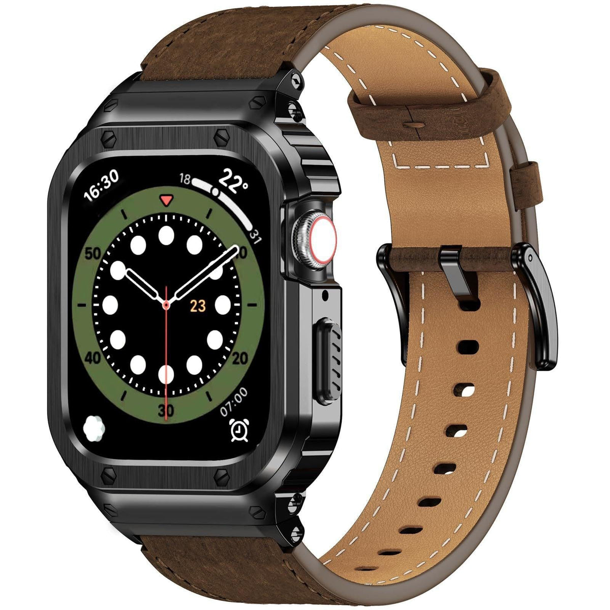 iBandGear Crazy Horse Leather Integrated Case Band for Apple Watch - Black Case - Brown Band
