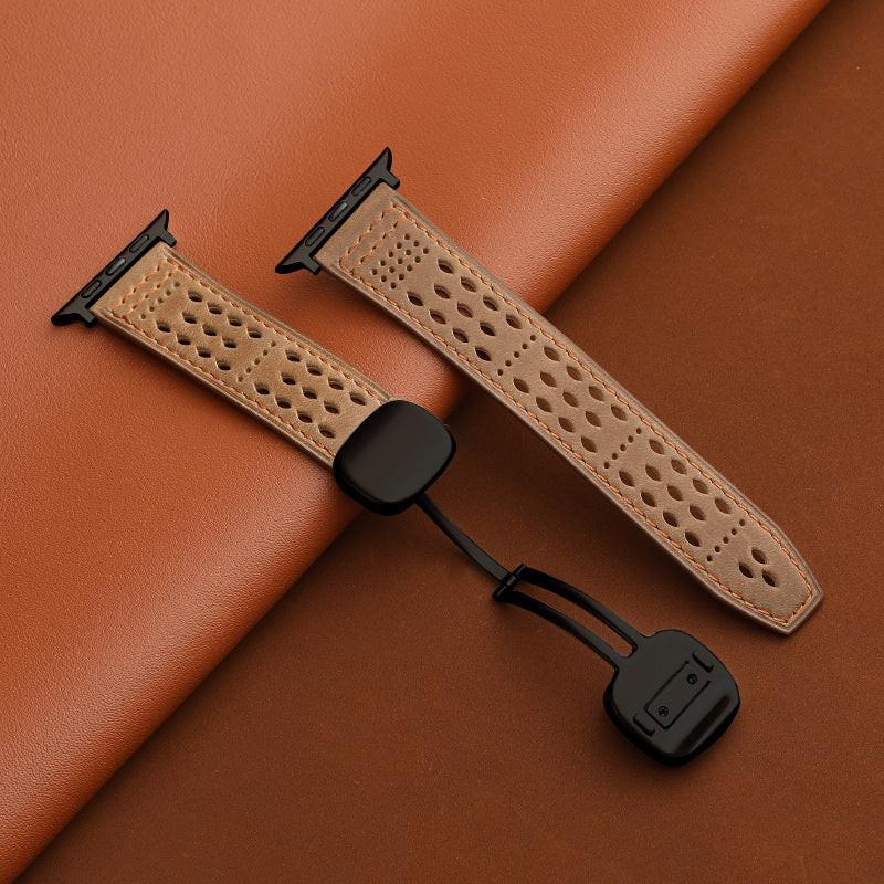 iBandGear Leather Band for Apple Watch with Magnetic Clasp and Breathable Design - Khaki-Black Buckle