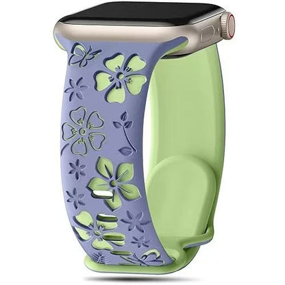 iBandGear 3D Floral Engraved Silicone Band for Apple Watch - Lavender-Matcha Green