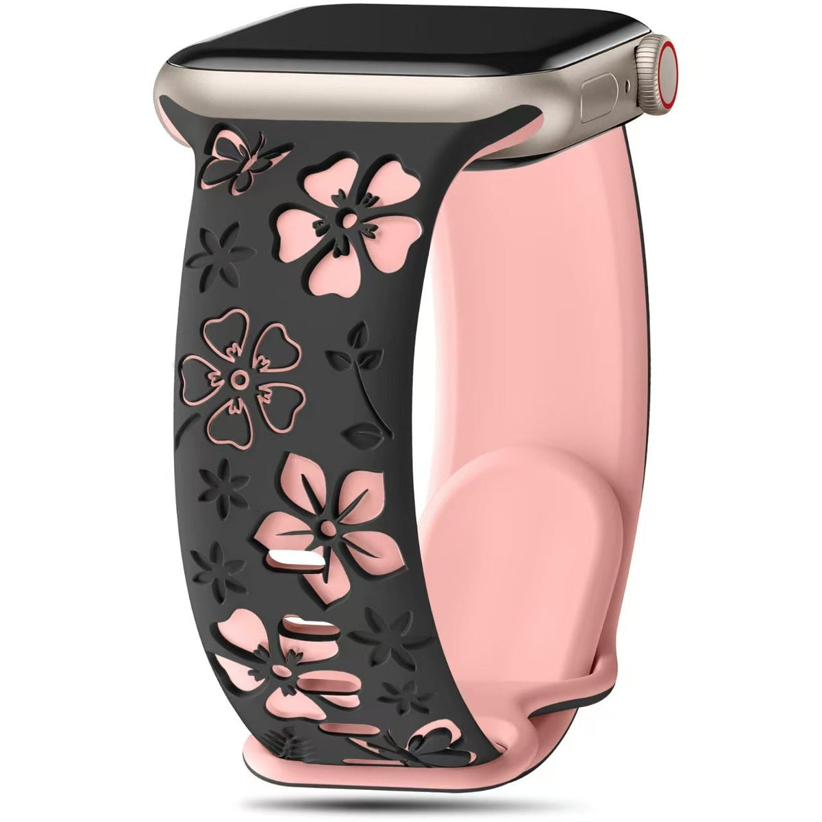 iBandGear 3D Floral Engraved Silicone Band for Apple Watch - Black-Pink