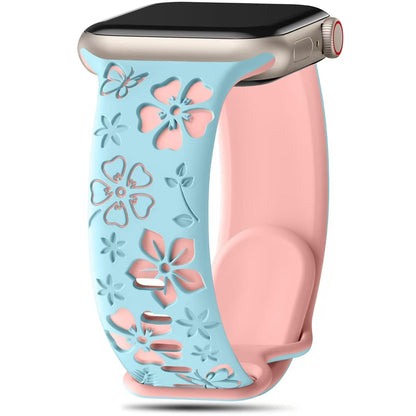 iBandGear 3D Floral Engraved Silicone Band for Apple Watch - Ice Blue-Pink