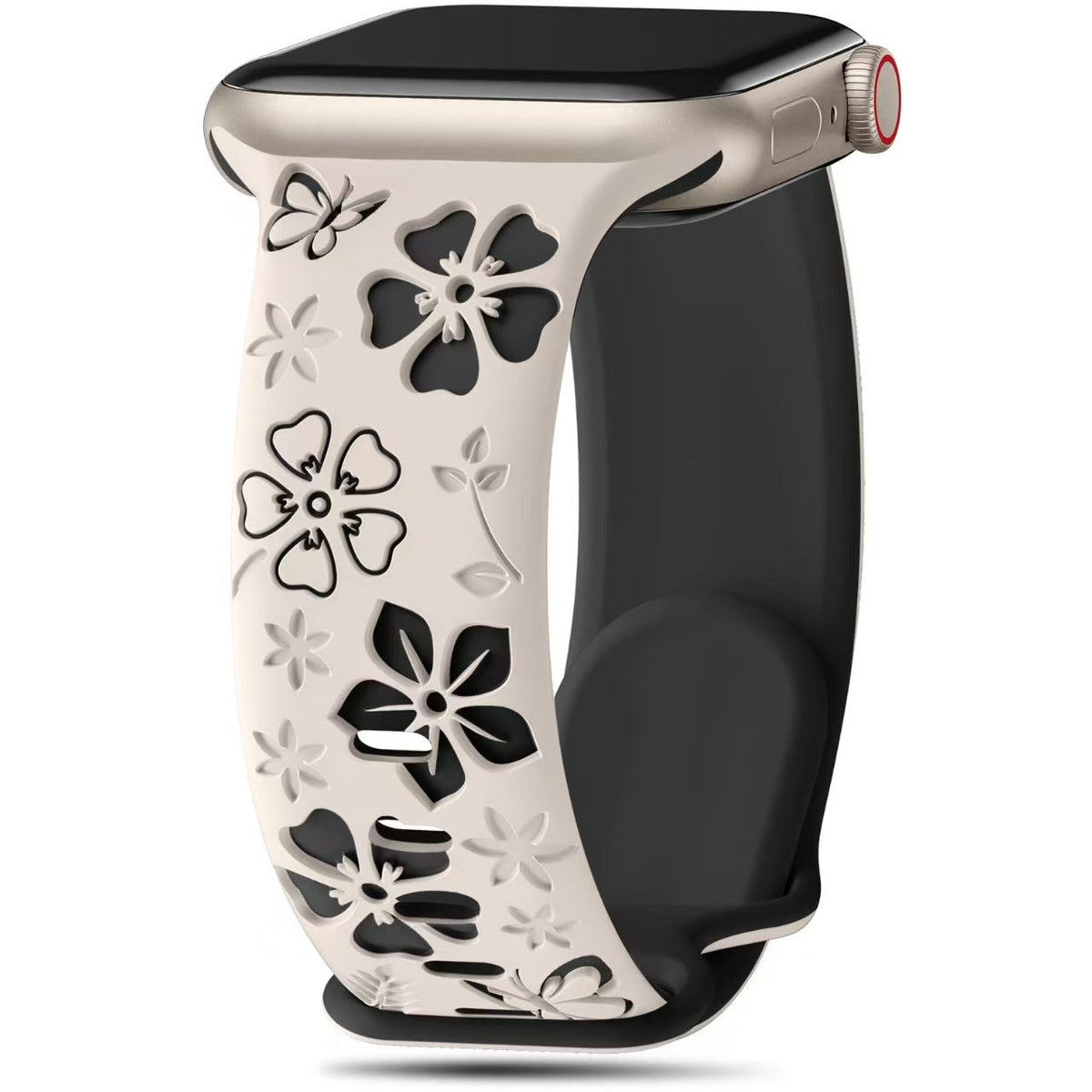 iBandGear 3D Floral Engraved Silicone Band for Apple Watch - Starlight-Black