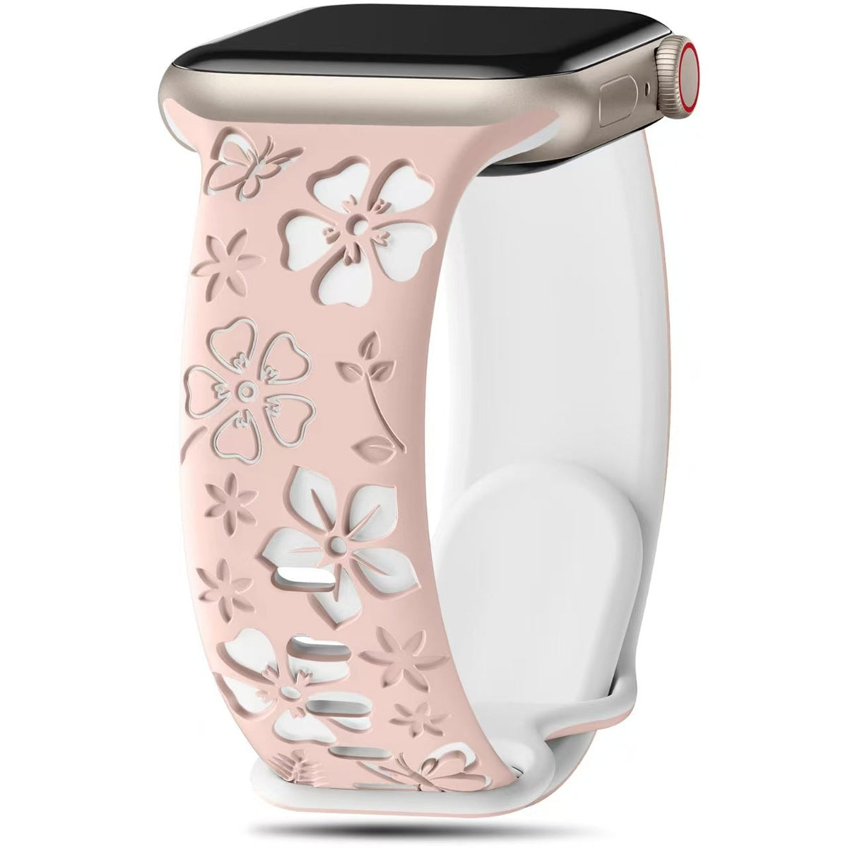 iBandGear 3D Floral Engraved Silicone Band for Apple Watch - Pink-White
