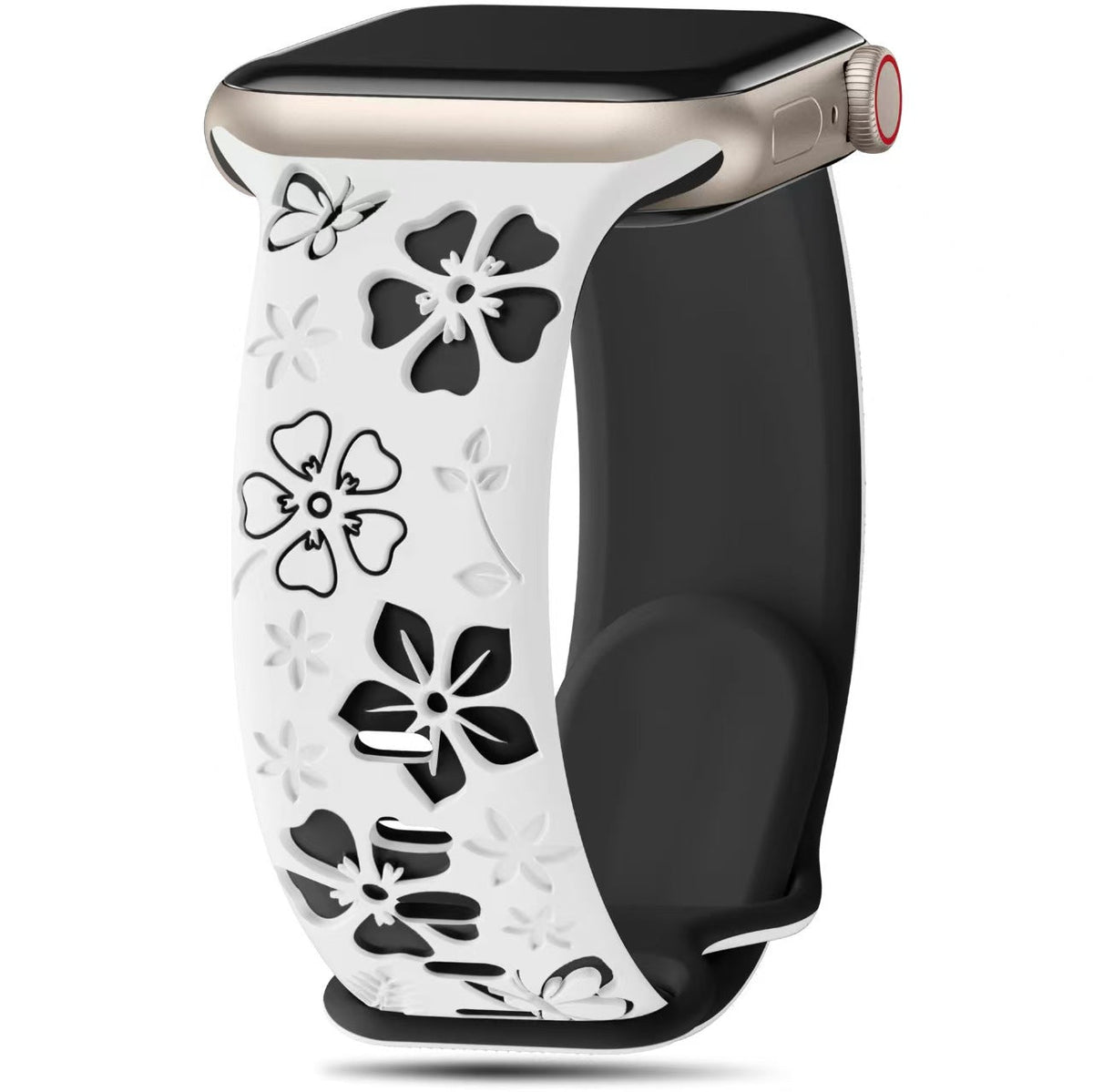 iBandGear 3D Floral Engraved Silicone Band for Apple Watch - White-Black