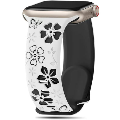 iBandGear 3D Floral Engraved Silicone Band for Apple Watch - White-Black