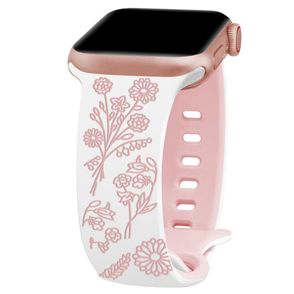 iBandGear 3D Floral Laser Engraved Silicone Band for Apple Watch - White - Pink