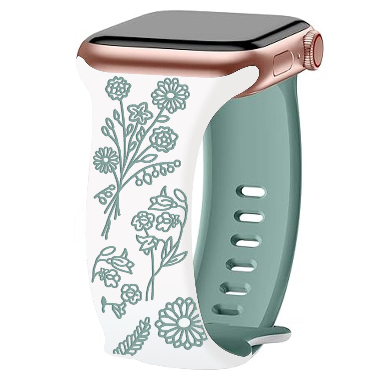 iBandGear 3D Floral Laser Engraved Silicone Band for Apple Watch - White - Pine Green