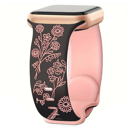 iBandGear 3D Floral Laser Engraved Silicone Band for Apple Watch - Black - Pink
