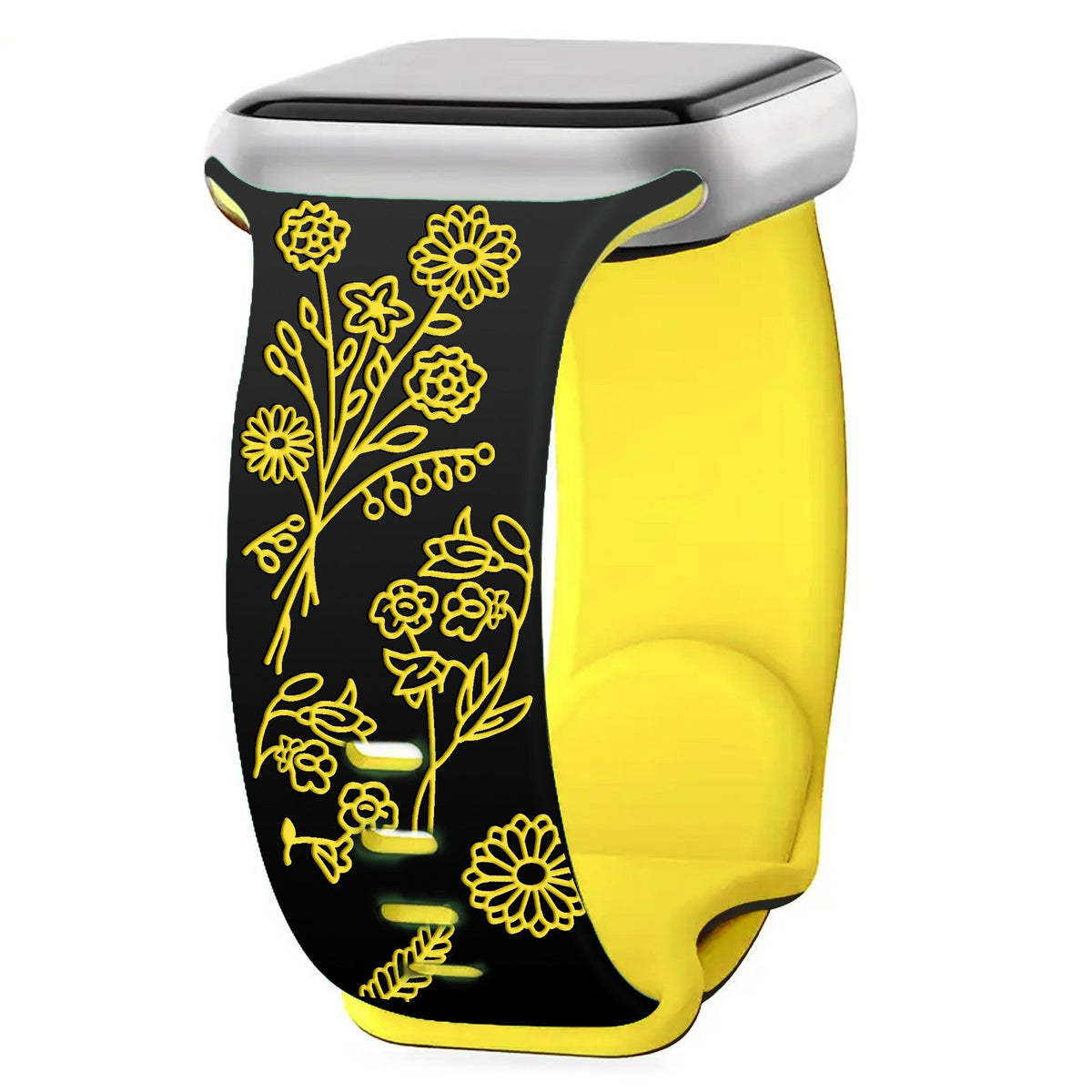 iBandGear 3D Floral Laser Engraved Silicone Band for Apple Watch - Black - Yellow