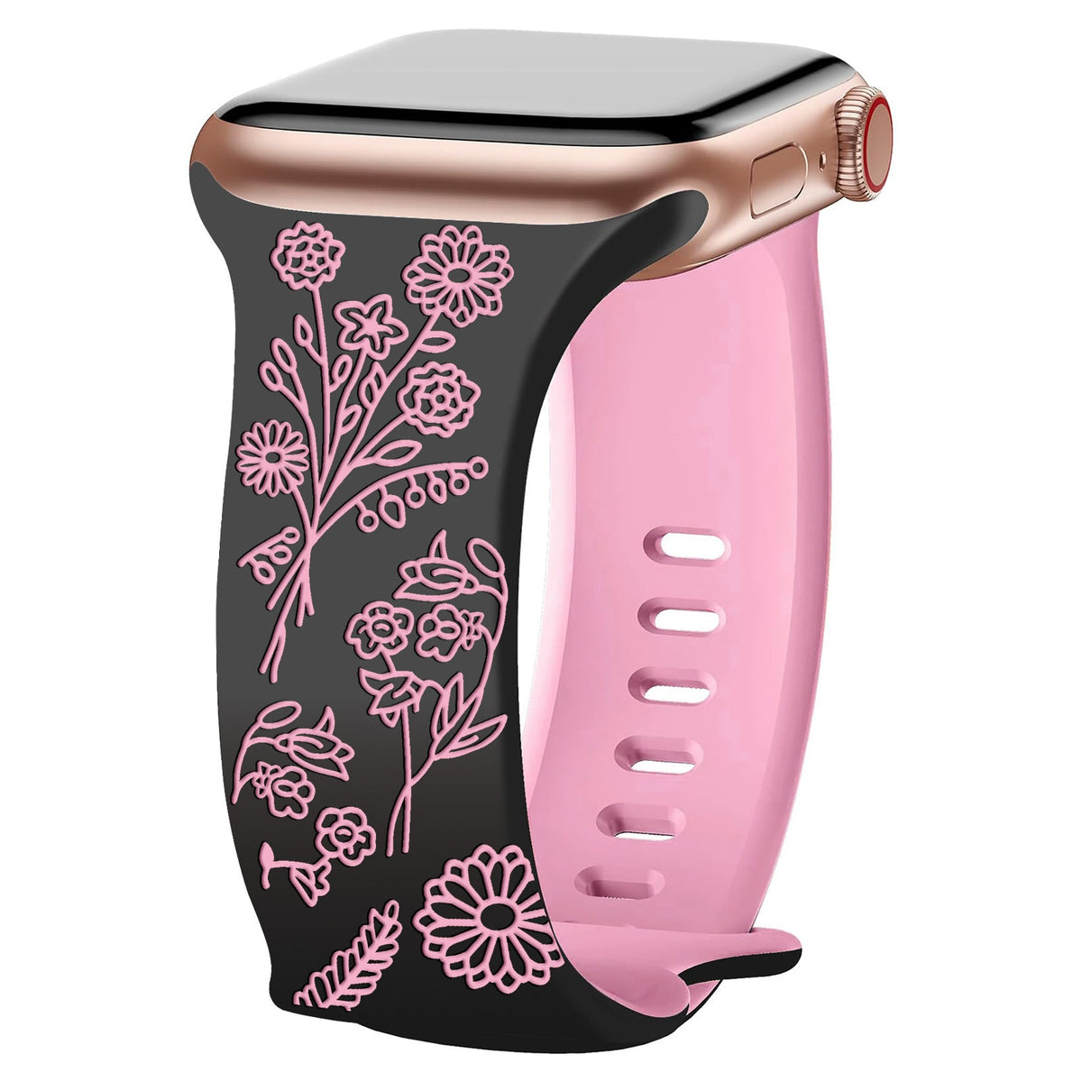 iBandGear 3D Floral Laser Engraved Silicone Band for Apple Watch - Black - Hot Pink