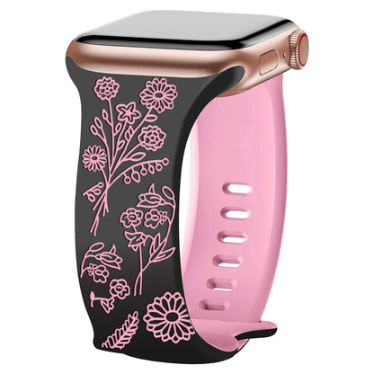 iBandGear 3D Floral Laser Engraved Silicone Band for Apple Watch - Black - Hot Pink