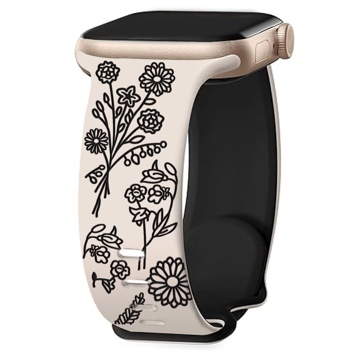 iBandGear 3D Floral Laser Engraved Silicone Band for Apple Watch - Starlight - Black