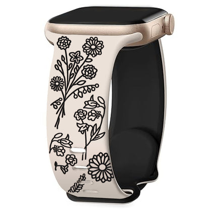 iBandGear 3D Floral Laser Engraved Silicone Band for Apple Watch - Starlight - Black