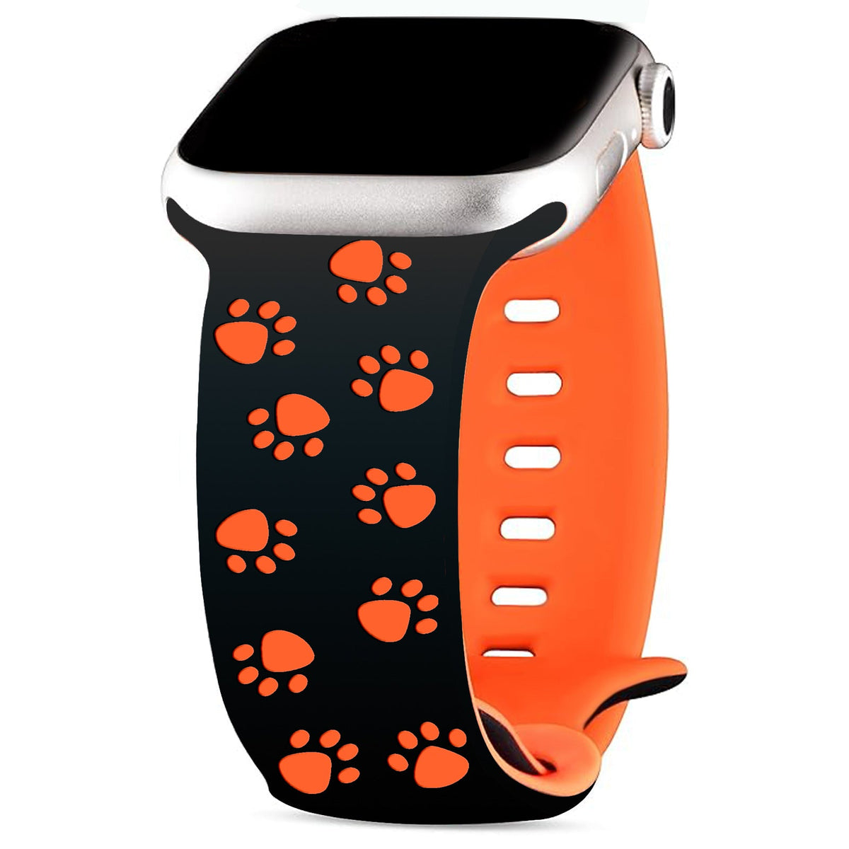 iBandGear 3D Paw Print Engraved Silicone Band for Apple Watch Cute Pet Style - Black-Vibrant Orange