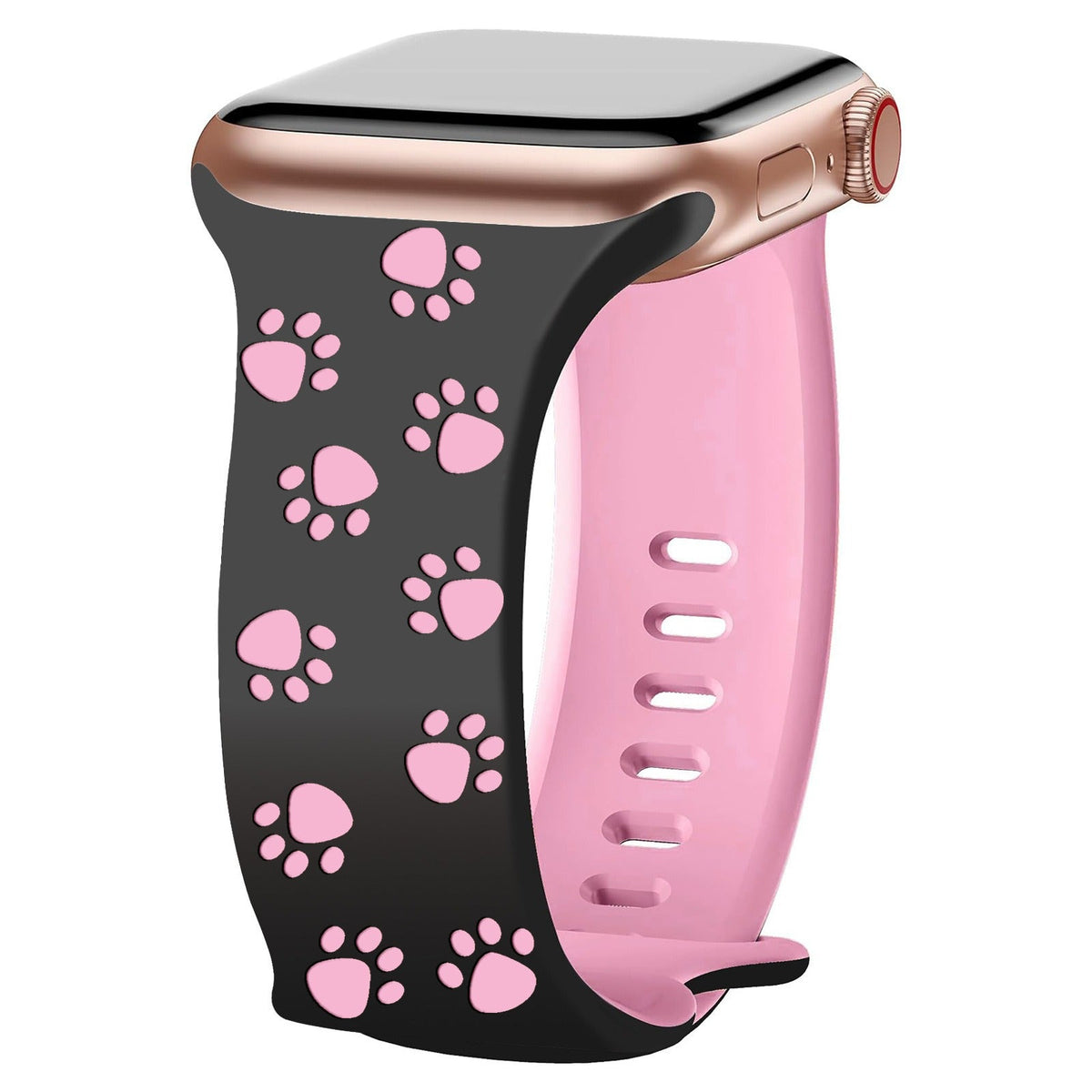 iBandGear 3D Paw Print Engraved Silicone Band for Apple Watch Cute Pet Style - Black-Hot Pink