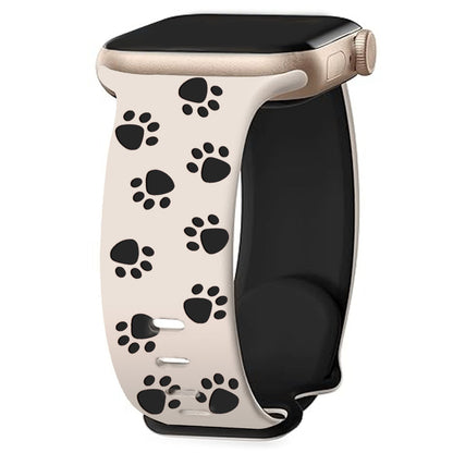 iBandGear 3D Paw Print Engraved Silicone Band for Apple Watch Cute Pet Style - Starlight-Black