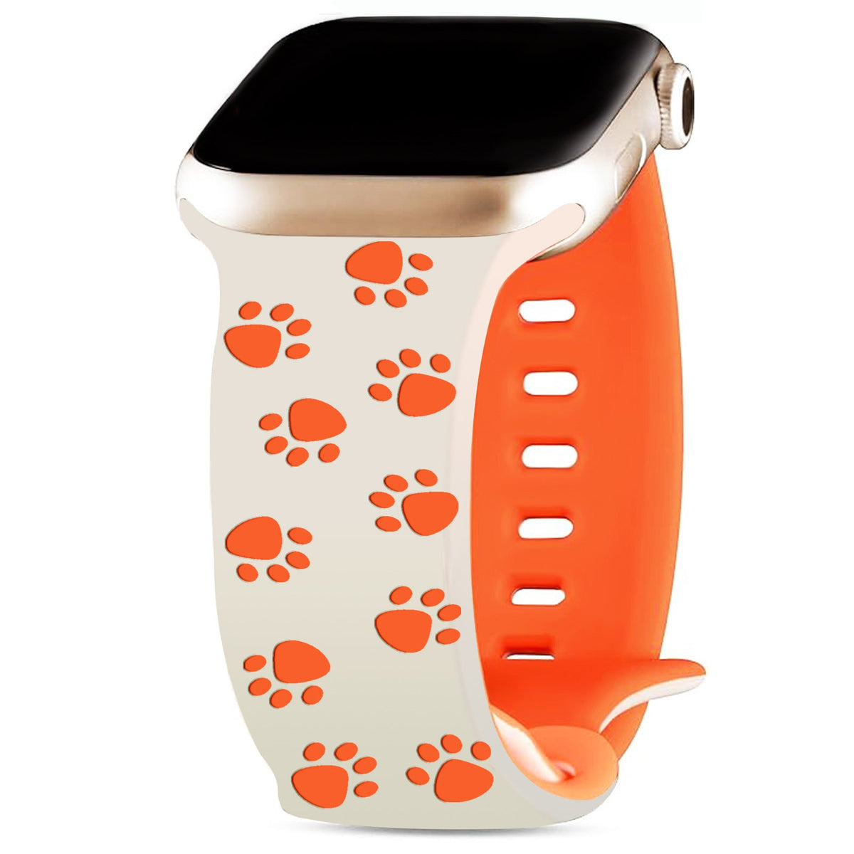 iBandGear 3D Paw Print Engraved Silicone Band for Apple Watch Cute Pet Style - Starlight-Vibrant Orange