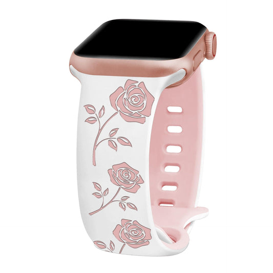 iBandGear 3D Rose Laser Engraved Silicone Band for Apple Watch - White - Pink