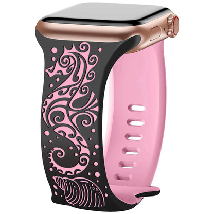 iBandGear 3D Seahorse Dual-Tone Carved Silicone Band for Apple Watch - Black - Hot Pink