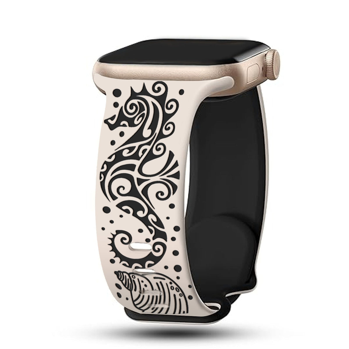 iBandGear 3D Seahorse Dual-Tone Carved Silicone Band for Apple Watch - Starlight - Black