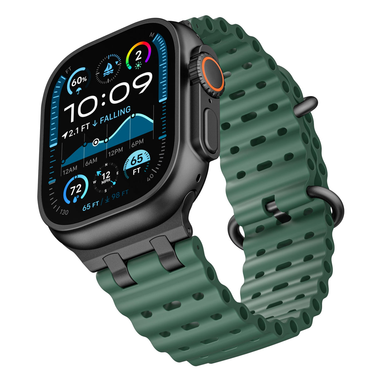 iBandGear AirFlow Ripple Silicone Band for Apple Watch Breathable Sport Strap - Green - Black