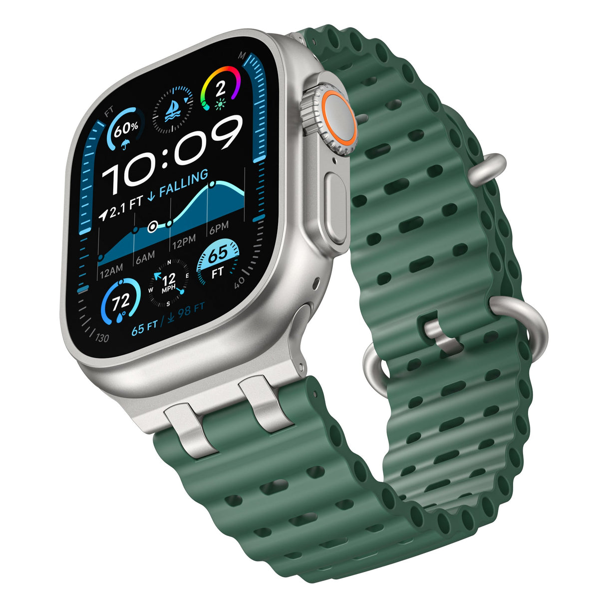 iBandGear AirFlow Ripple Silicone Band for Apple Watch Breathable Sport Strap - Green - Silver