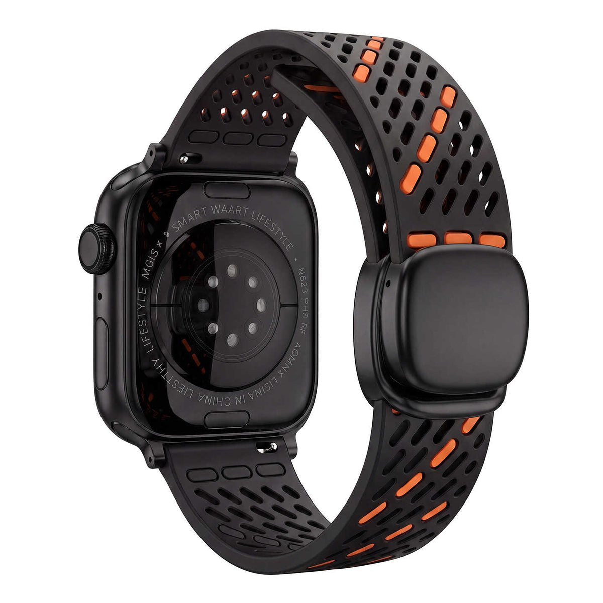iBandGear BreathFlow Dual-Color Magnetic Silicone Band for Apple Watch - Black-Orange-Black