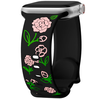 iBandGear Camellia Floral Silicone Band for Apple Watch - Black - Pink