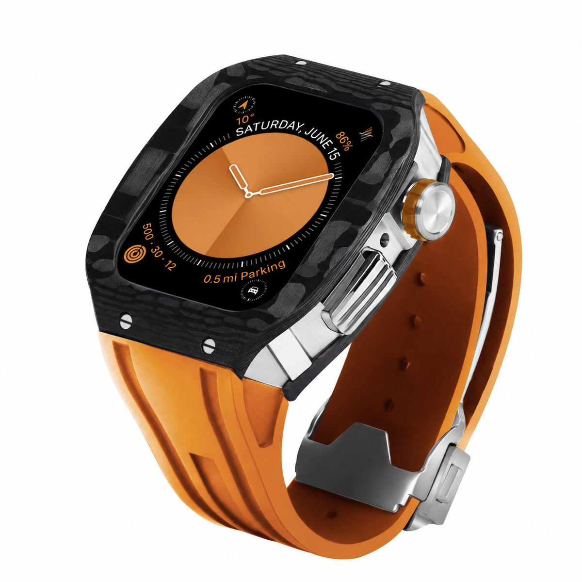 iBandGear Carbon Fiber Integrated Case Band for Apple Watch - Silver-Orange
