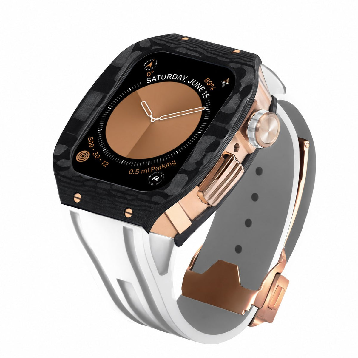 iBandGear Carbon Fiber Integrated Case Band for Apple Watch - Rose Gold-White