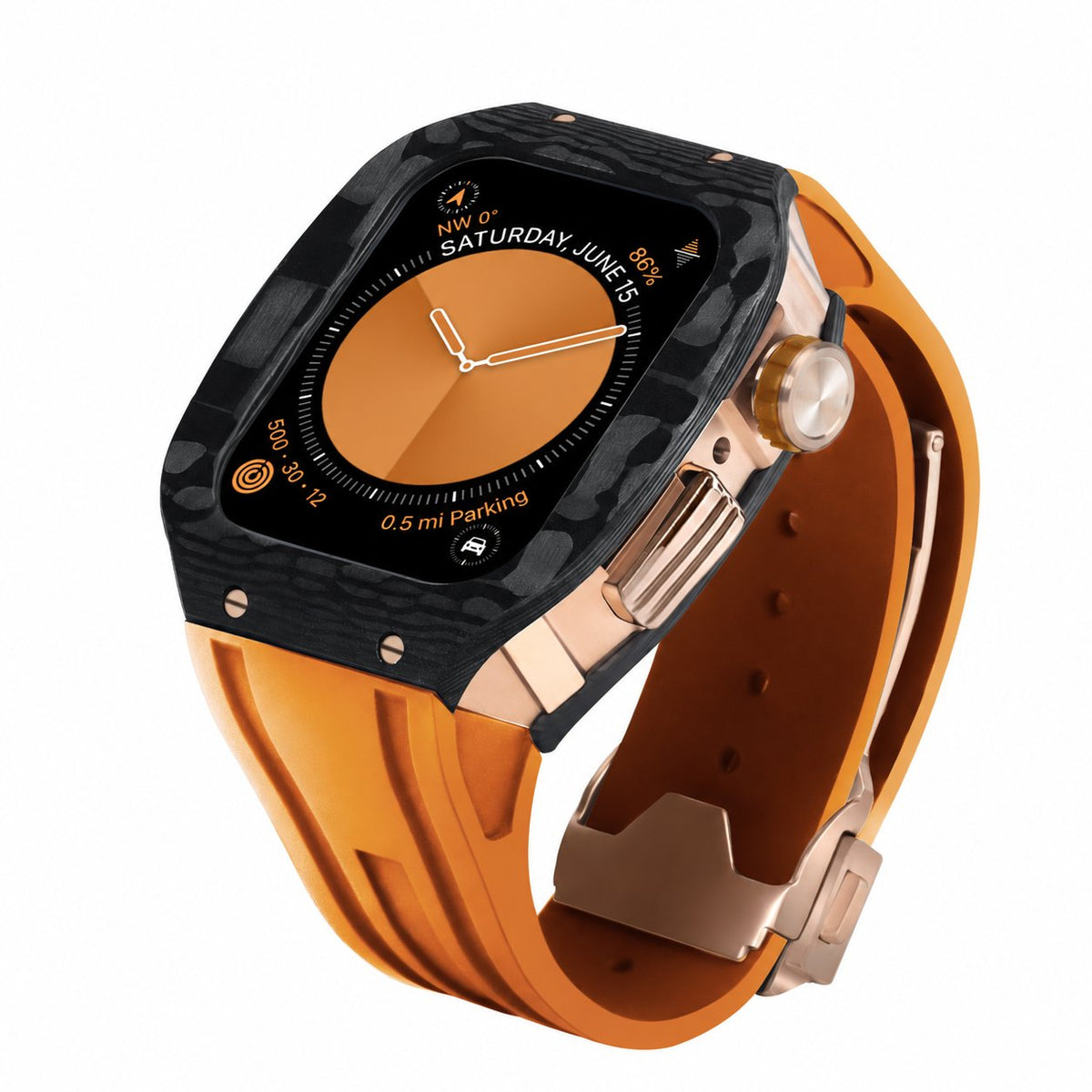 iBandGear Carbon Fiber Integrated Case Band for Apple Watch - Rose Gold-Orange