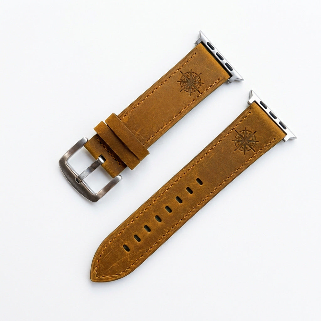 iBandGear Compass Embossed Leather Band for Apple Watch - Light Brown