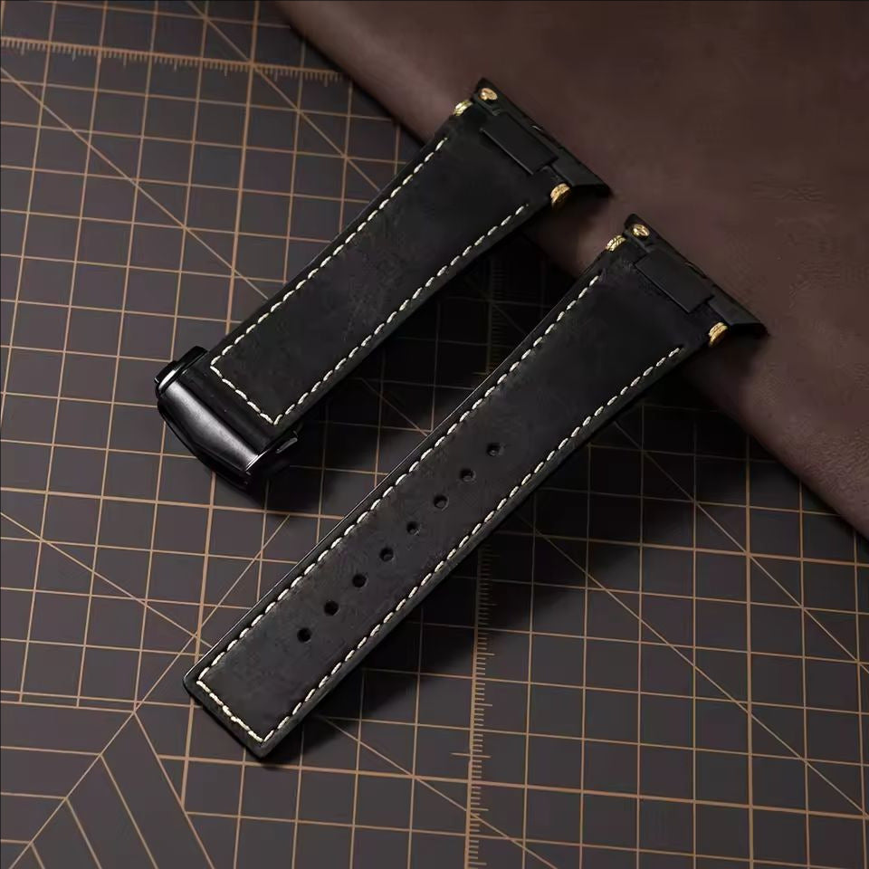 iBandGear Crazy Horse Leather Band for Apple Watch Classic Vintage Look - Black - Black