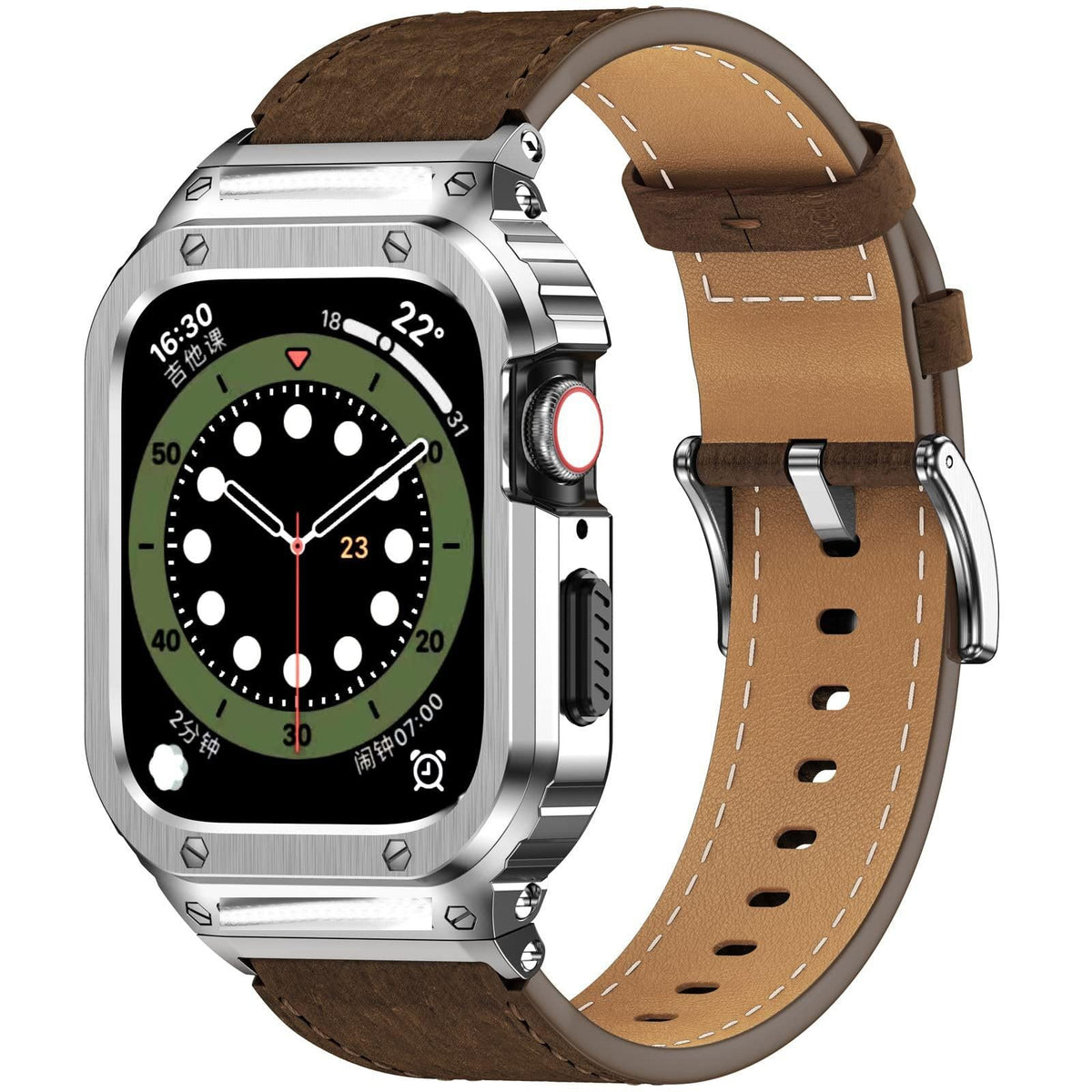 iBandGear Crazy Horse Leather Integrated Case Band for Apple Watch - Silver Case - Brown Band