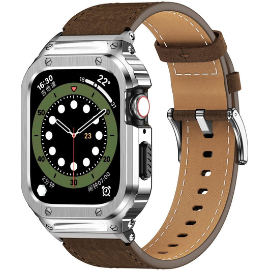 iBandGear Crazy Horse Leather Integrated Case Band for Apple Watch - Silver Case - Brown Band