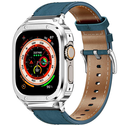 iBandGear Crazy Horse Leather Integrated Case Band for Apple Watch - Silver Case - Blue Band