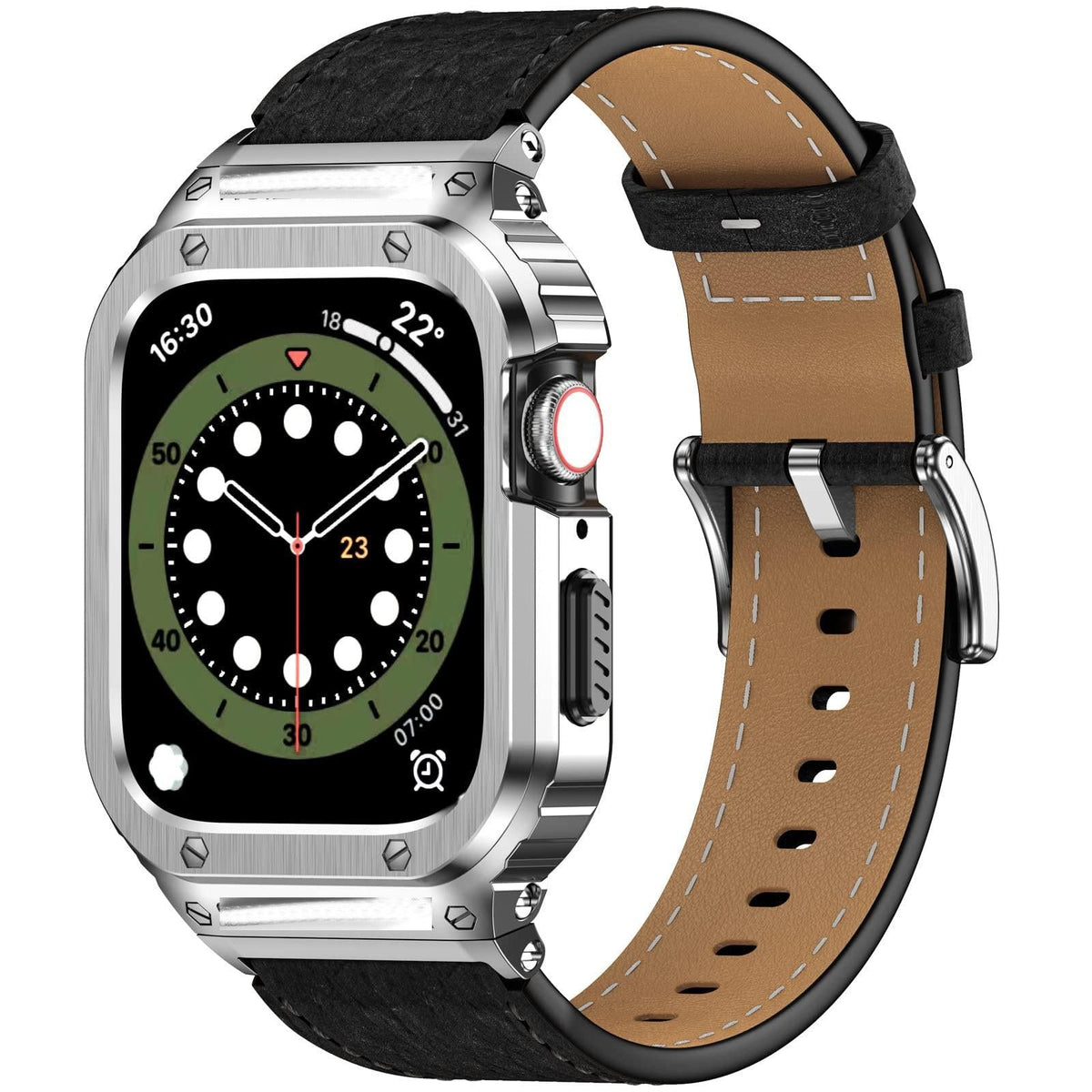 iBandGear Crazy Horse Leather Integrated Case Band for Apple Watch - Silver Case - Black Band