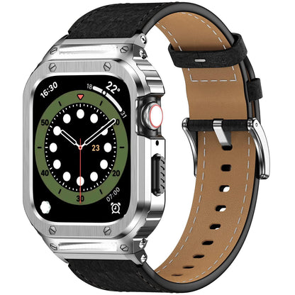 iBandGear Crazy Horse Leather Integrated Case Band for Apple Watch - Silver Case - Black Band