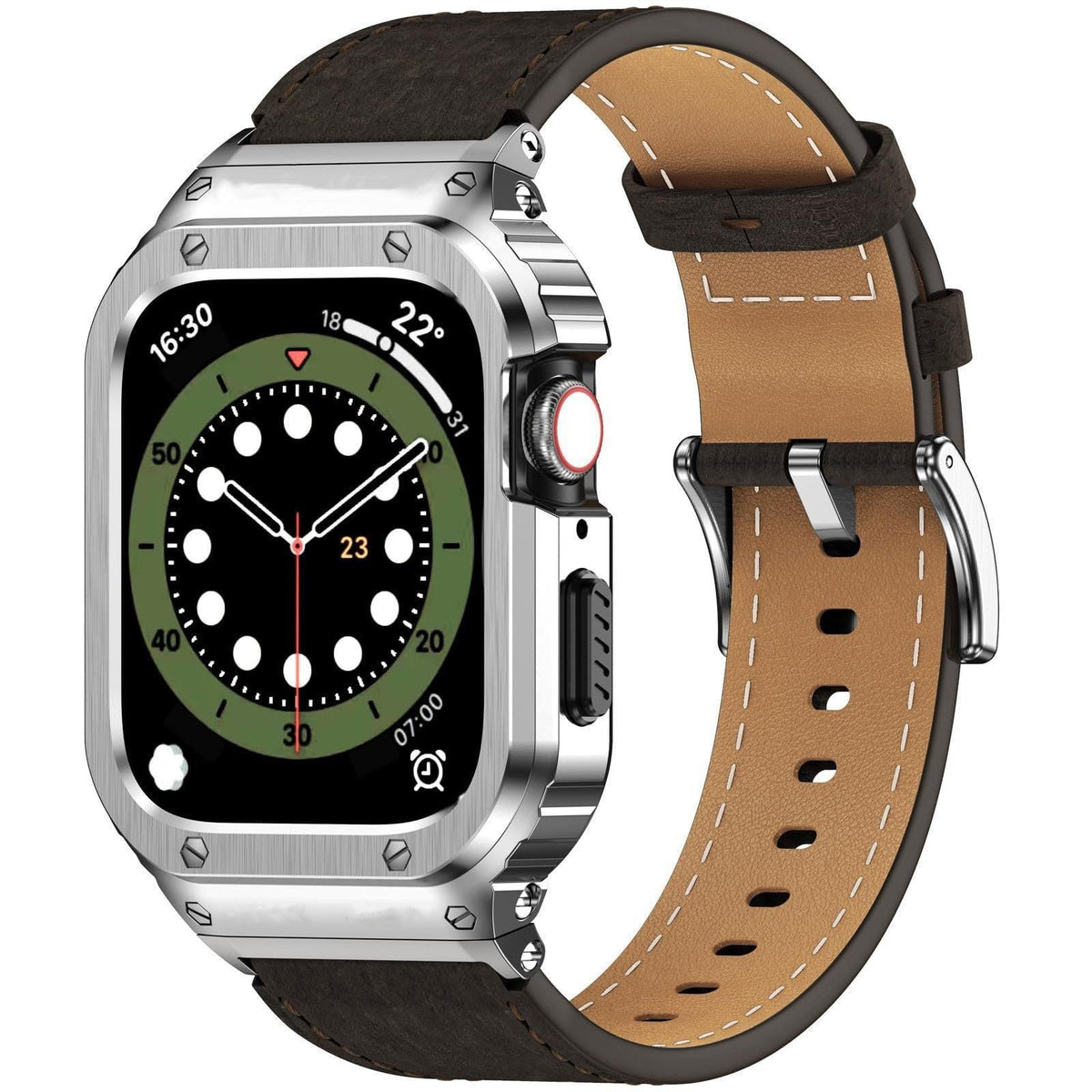 iBandGear Crazy Horse Leather Integrated Case Band for Apple Watch - Silver Case - Coffee Band