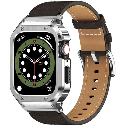 iBandGear Crazy Horse Leather Integrated Case Band for Apple Watch - Silver Case - Coffee Band