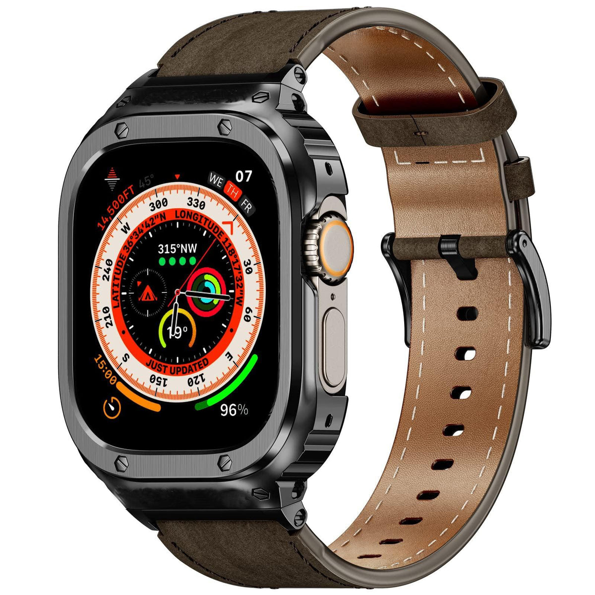 iBandGear Crazy Horse Leather Integrated Case Band for Apple Watch - Black Case - Coffee Band