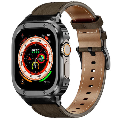 iBandGear Crazy Horse Leather Integrated Case Band for Apple Watch - Black Case - Coffee Band