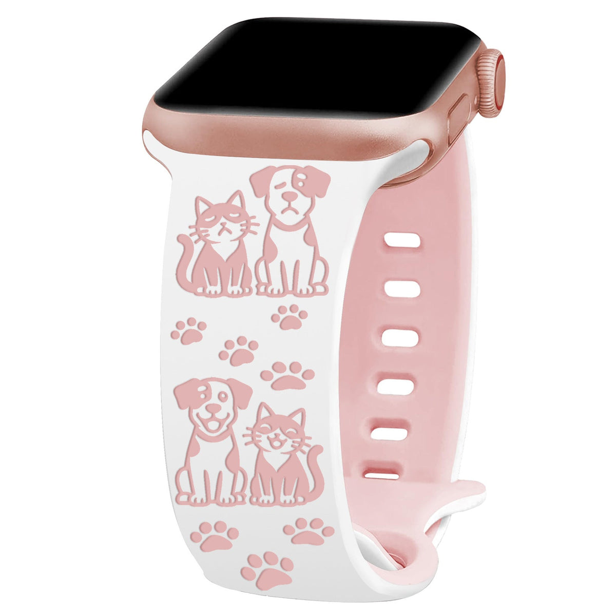 iBandGear Cute Cat and Dog Engraved Silicone Band for Apple Watch - White-Pink