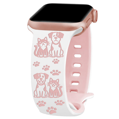 iBandGear Cute Cat and Dog Engraved Silicone Band for Apple Watch - White-Pink