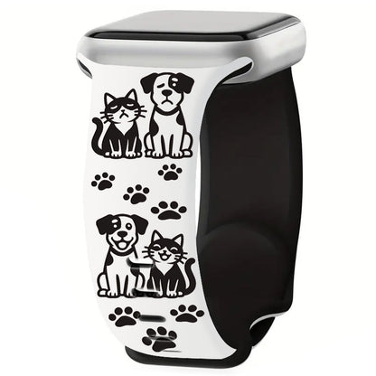 iBandGear Cute Cat and Dog Engraved Silicone Band for Apple Watch - White-Black