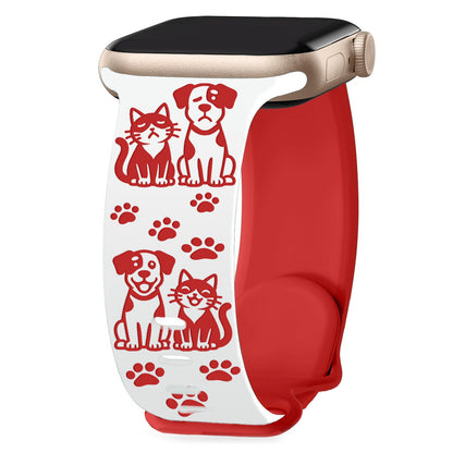 iBandGear Cute Cat and Dog Engraved Silicone Band for Apple Watch - White-Red