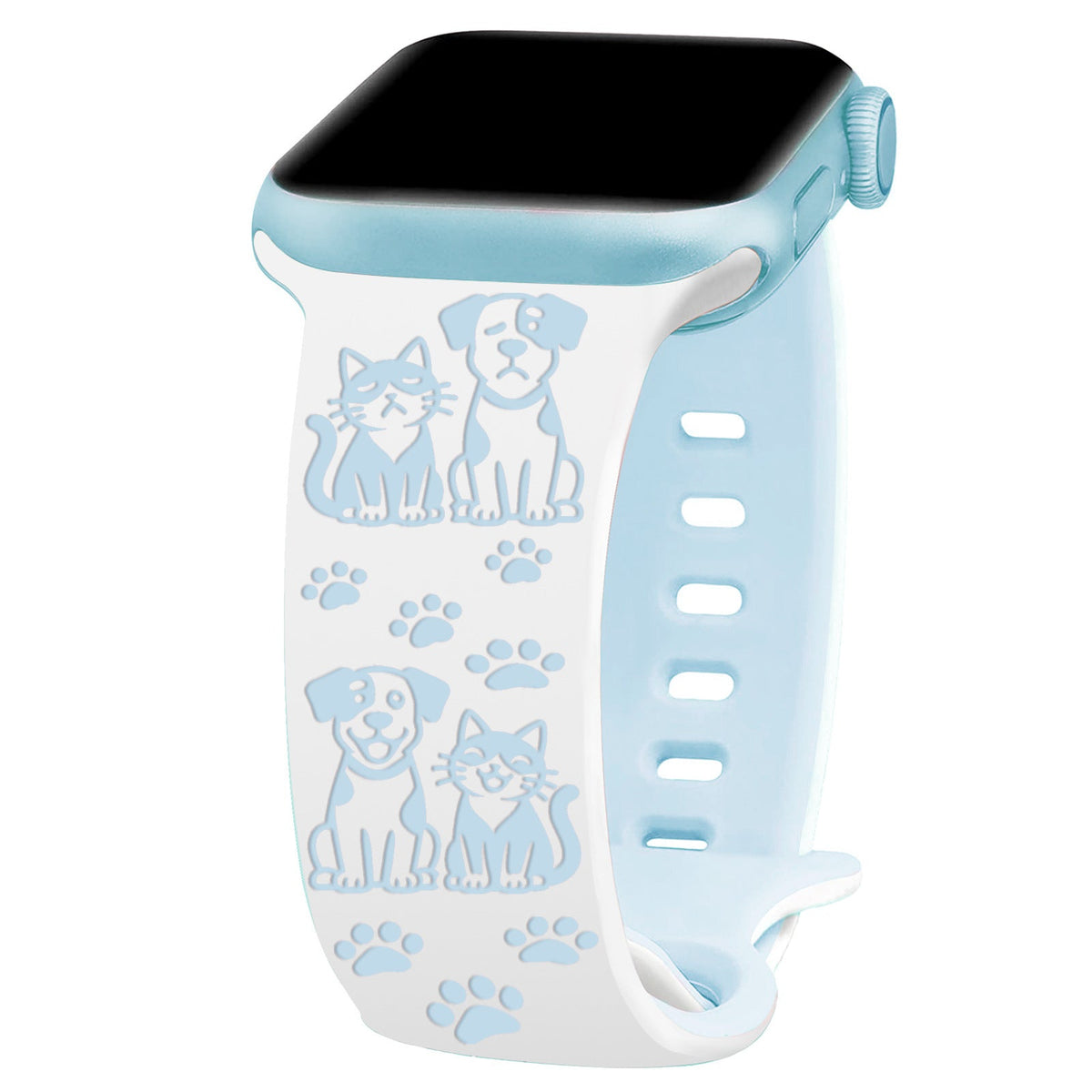 iBandGear Cute Cat and Dog Engraved Silicone Band for Apple Watch - White-Blue