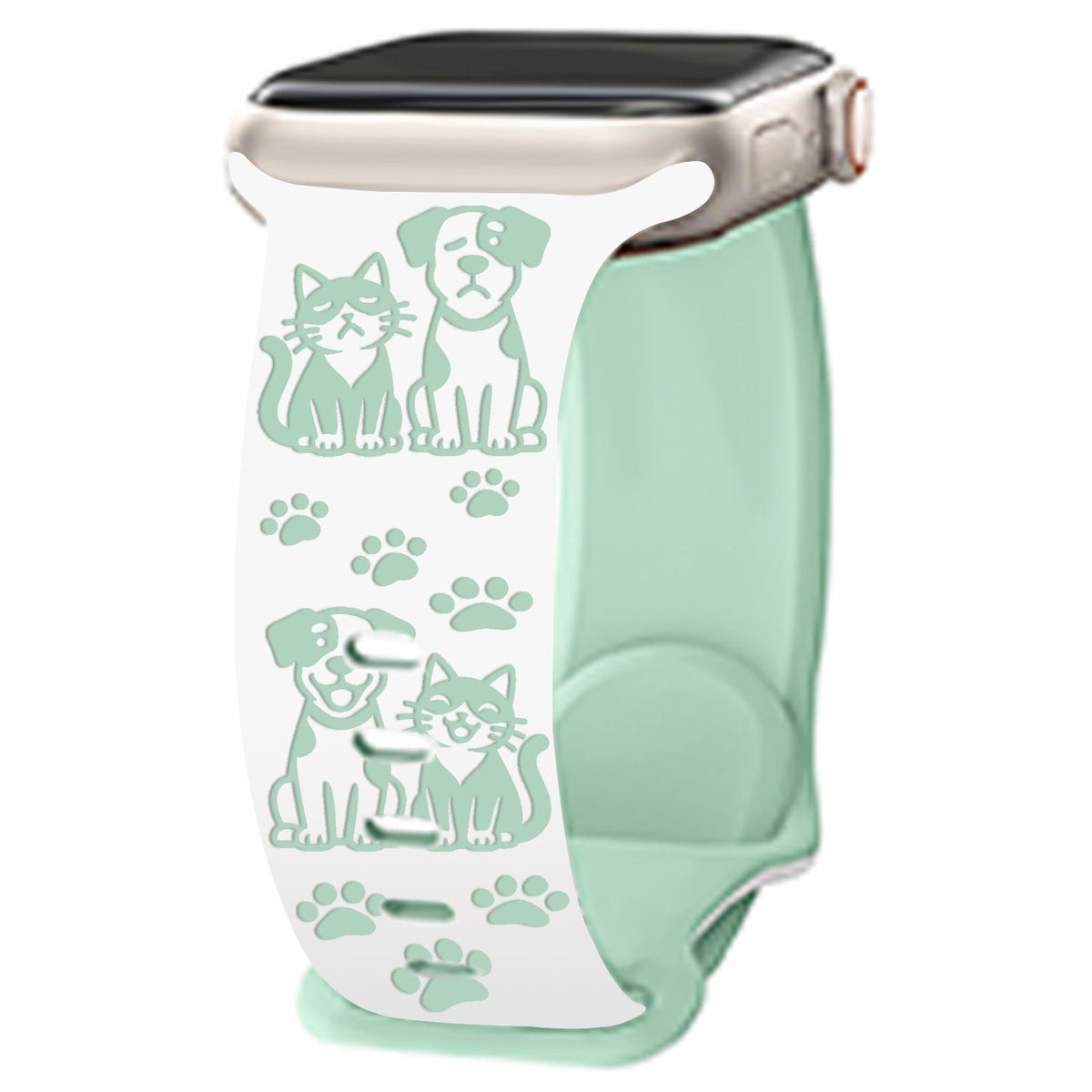 iBandGear Cute Cat and Dog Engraved Silicone Band for Apple Watch - White-Green