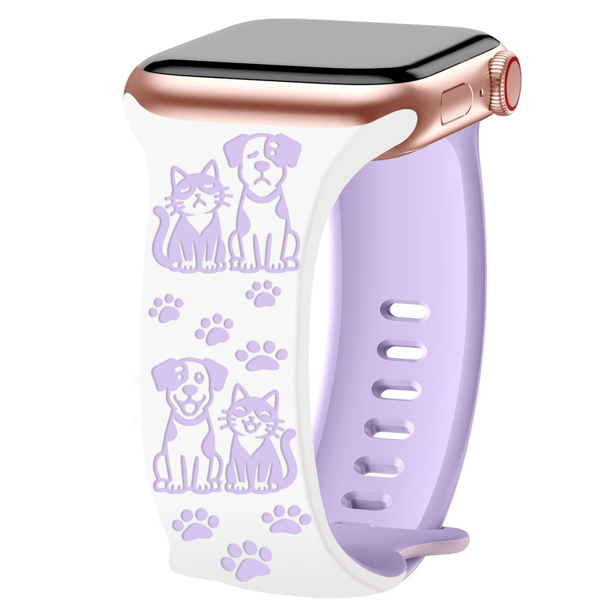 iBandGear Cute Cat and Dog Engraved Silicone Band for Apple Watch - White-Purple