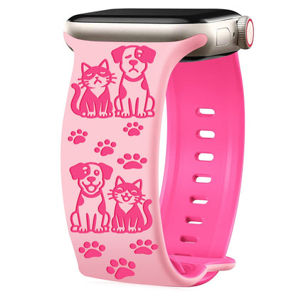 iBandGear Cute Cat and Dog Engraved Silicone Band for Apple Watch - Pink-Barbie Pink